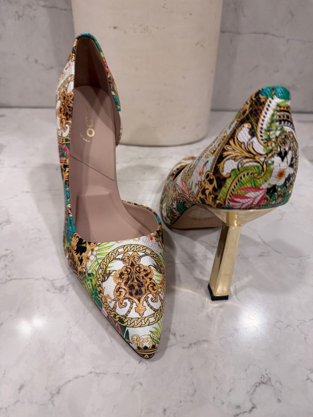 ALDO  Printed Pointed-Toe High Heels in Green & Gold size 8.5